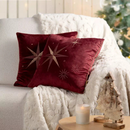 Chp 259 Eurofirany Funda de almohada navideña - terciopelo burdeos con estrella champán