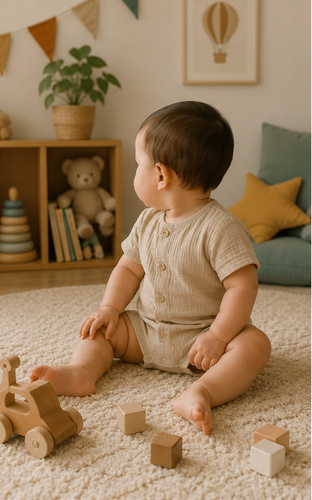 RA55215 Mamatti Pijama de muselina beige con botones de madera para verano