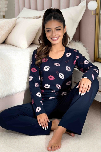 Donna Kiss Long pijama de mujer azul marino 100% algodón pantalón largo