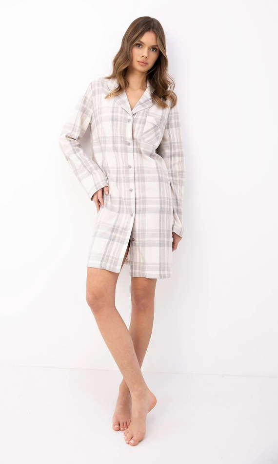 Camisón Sensis Adora beige a cuadros abotonado algodón viscosa
