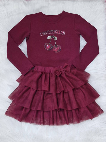 Cerezas Bambarillo blusa niña granate - algodón, manga larga, estampado