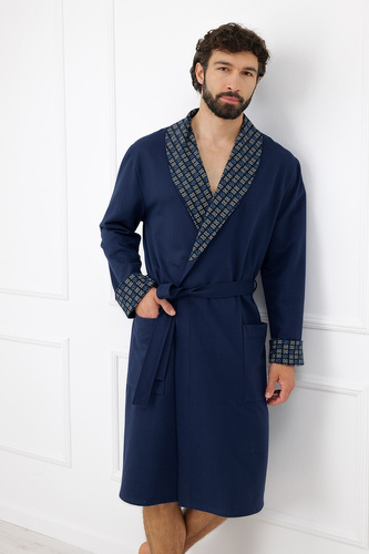 Szlafrok męski Broken Italian Fashion de algodón azul marino con cinturón