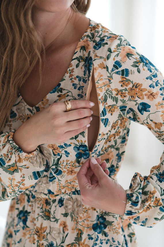 Lovely Dress Midi Milk&Love Vestido de maternidad y lactancia floral beige de lino, corte elegante con cremalleras de lactancia