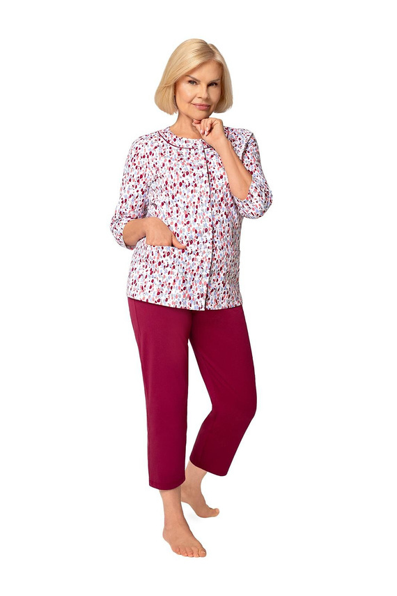 201 Maria II Pijama de mujer Martel burdeos 42 – algodón, camiseta con flores, manga 3/4, pantalón 3/4, confort para dormir