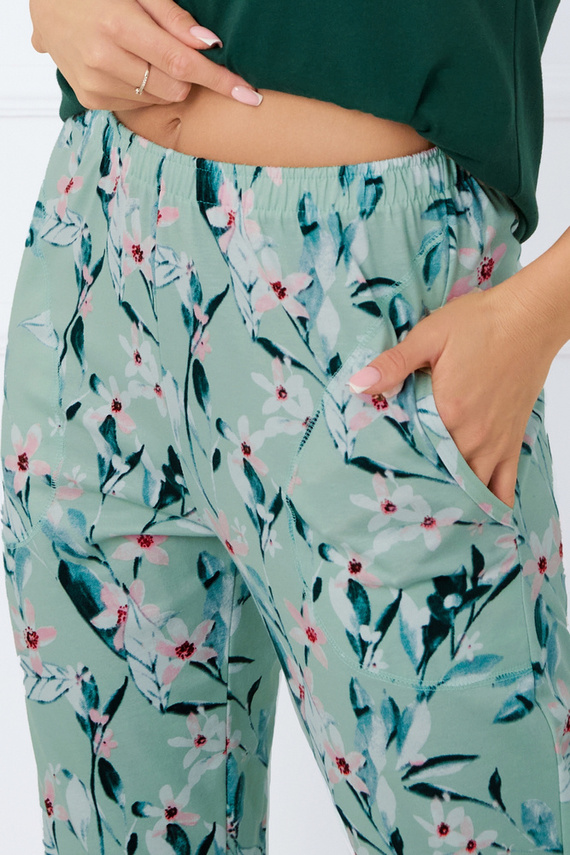 Florisa Pijama de señora de manga corta, pantalón 3/4 Moda Italiana - verde oscuro/estampado