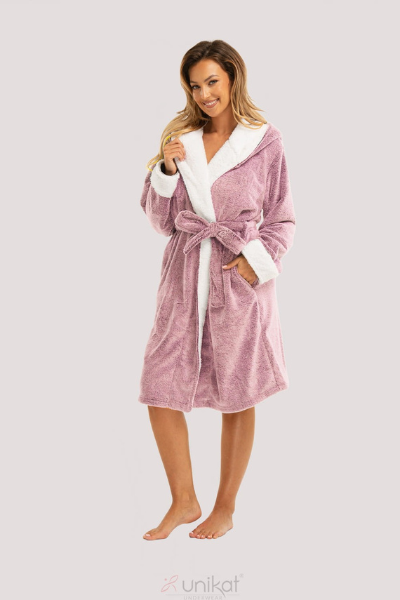 Albornoz de mujer Sharon Unikat - rosa, suave con capucha y cinturón, suave y ligero