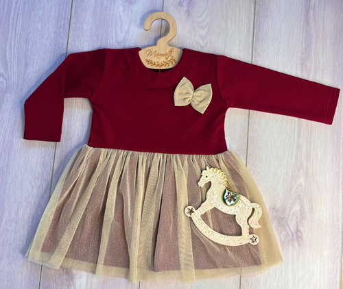 Vestido de niña Feliz Navidad SH04 Mamatti - granate, manga larga, bajo con tul dorado