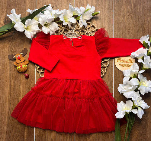 Vestido para niña mamatti SK614 elegante con mangas globo y goma brillante rojo