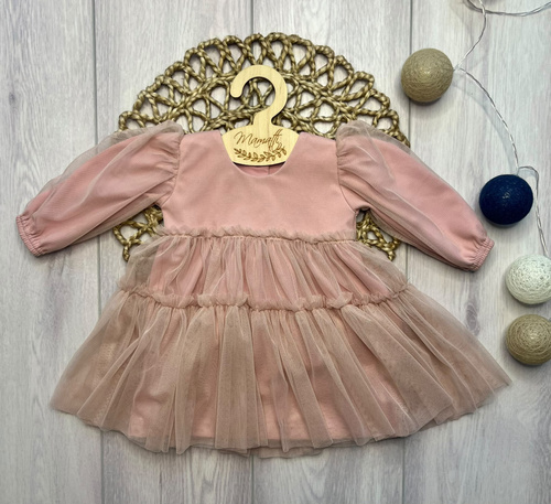 Vestido para niña Mamatti SZ352 de algodón con tul, manga larga - rosa