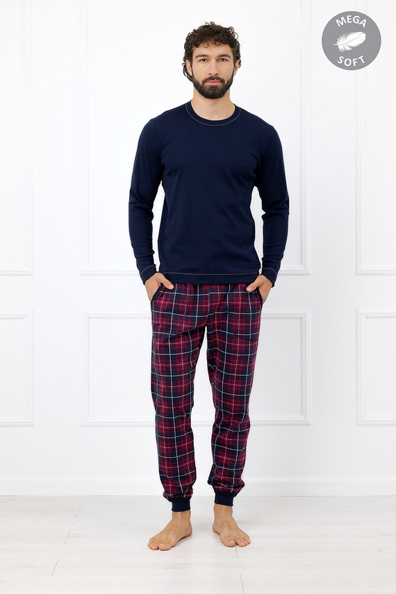 Italian Fashion Brajan Pijama masculina Mega Soft pantalón largo a cuadros azul marino