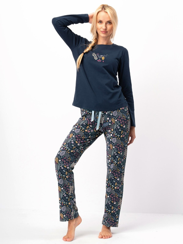 Pijama de mujer Key LNS 570 marino oscuro - algodón, manga larga, elegante