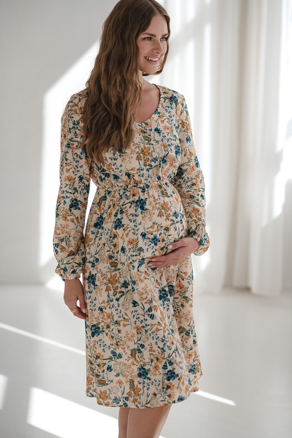 Lovely Dress Midi Milk&Love Vestido de maternidad y lactancia floral beige de lino, corte elegante con cremalleras de lactancia