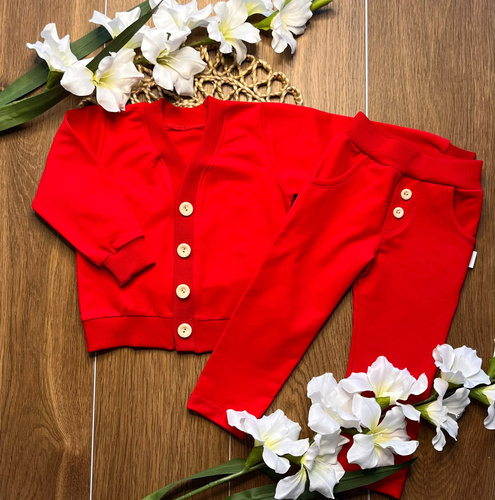 Komplet infantil Mamatti MK014 rojo – cárdigan y pantalones de algodón