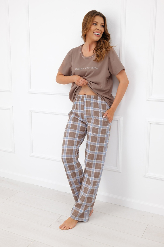 Pijama de mujer Italian Fashion Delma 100% algodón cuadro pantalones largos - cappuccino