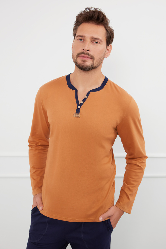 Julius Pijama de manga larga para hombre, pantalón largo Moda Italiana - coñac/verde