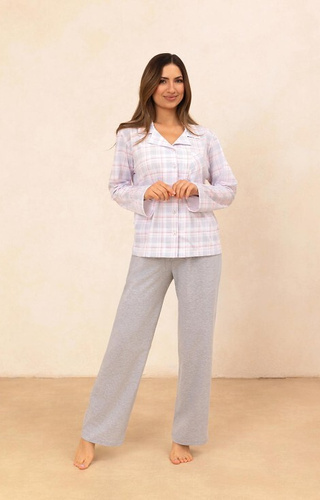 727 Pijama de señora Regina gris - 100% algodón, a cuadros, camisa con botones