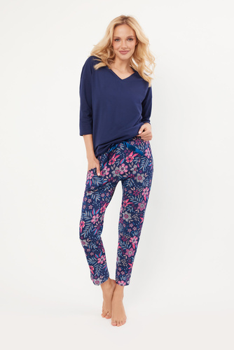 Folk Pijama de señora manga 3/4, pantalón 7/8 Moda Italiana - azul marino/estampado