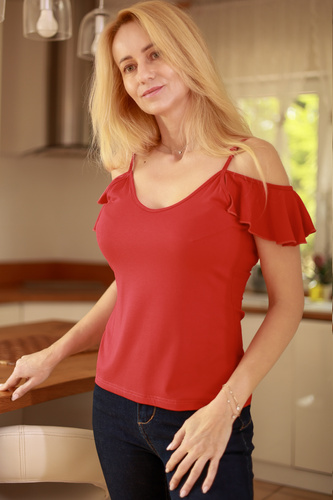 Vera Blusa de mujer Mirale - hombro abierto, volante, viscosa - rojo