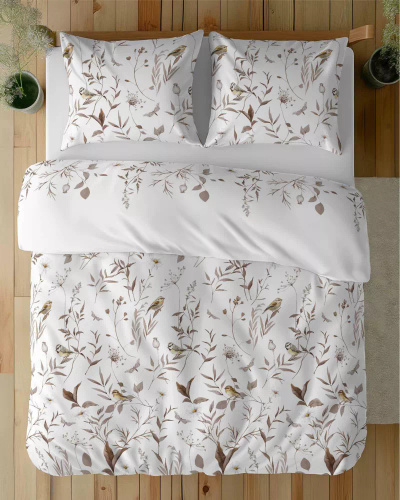 5500 B Ropa de cama de algodón blanco con ramas beige y pájaro Naturalis- Detexpol