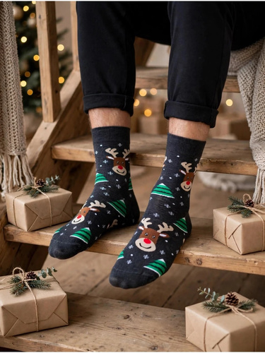 Calcetines de hombre Milena 1290-043 Renos y Árboles de Navidad de algodón oscuro melange