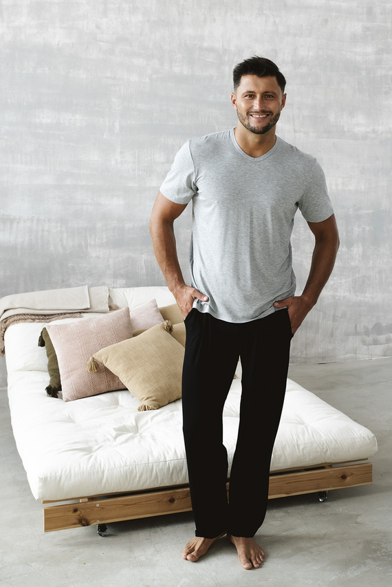 Dallas Pijama de manga corta para hombre, pantalón largo Italian Fashion- melange/negro