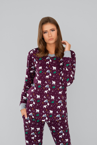 Ava Pijama y pantalón de manga larga para mujer Italian Fashion- estampado burdeos