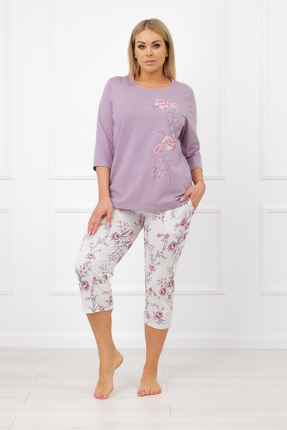 Italian Fashion Karilla Pijama de mujer 100% algodón 3/4 flores brezo