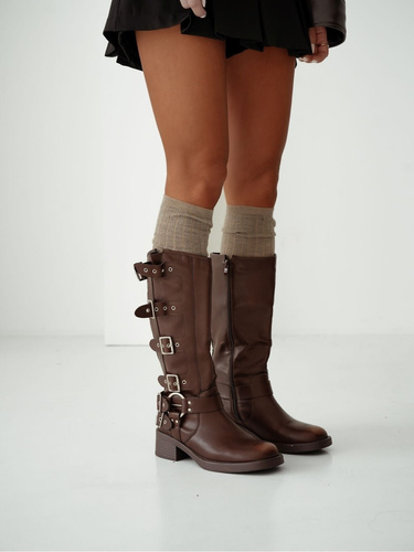 Calcetines hasta la rodilla 1627-001 Milena beige - de lana, acanalados, dobladillo no prensado