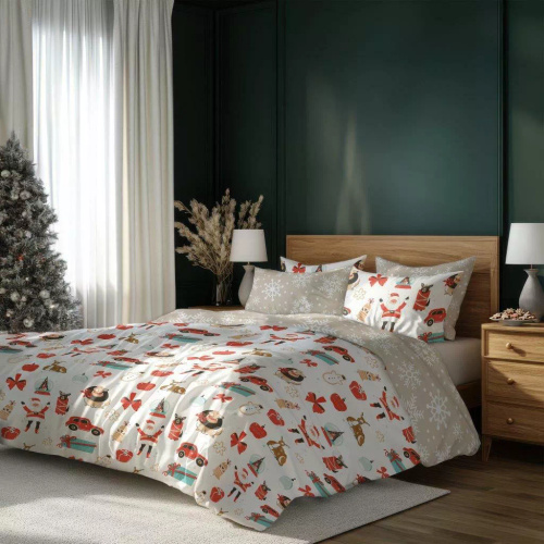 Holly Jolly 004 Faro Ropa de cama de Navidad color beige - microfibra satinada, juego de cremallera
