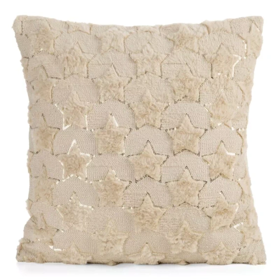 CHP308 Funda de cojín navideña Eurofirany 45x45 con lentejuelas 3D estrellas beige