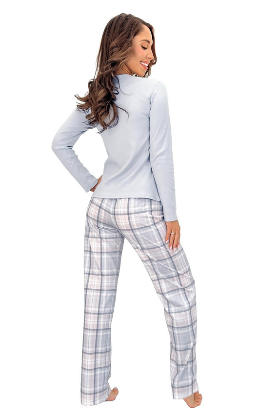 Donna Dani Long pijama larga gris para mujer de algodón con pantalones a cuadros y camiseta de canalé