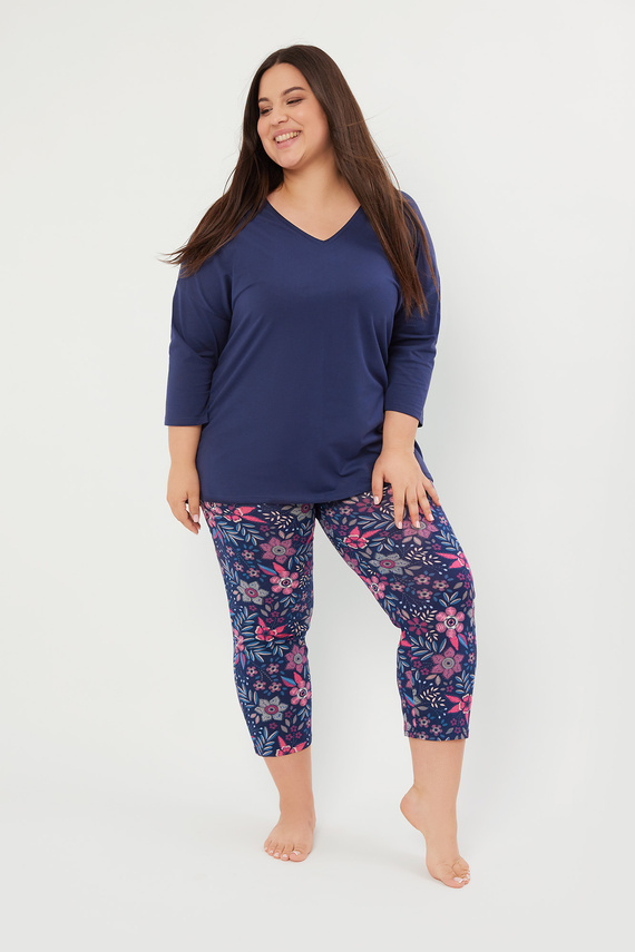 Folk Pijama de señora manga 3/4, pantalón 7/8 Moda Italiana - azul marino/estampado