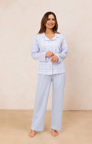 727 Pijama de señora Regina azul - 100% algodón, a cuadros, camisa con botones