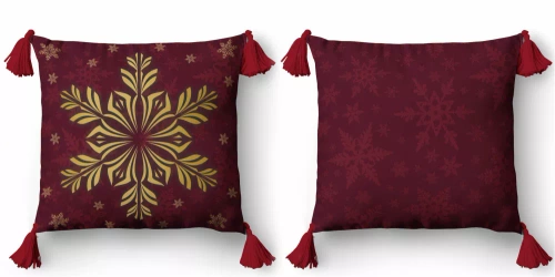 5384 Una funda de almohada decorativa de Navidad Deco Detexpol granate con copo de nieve de oro- cremallera