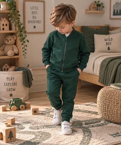 Mamatti DR919 chándal infantil verde de algodón sudadera con cremallera y cuello alto pantalones con bolsillos
