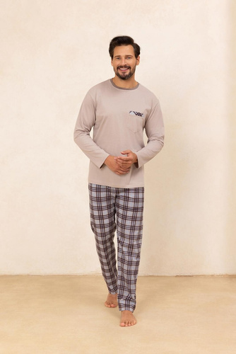 Regina 488 - pijama de algodón beige de manga larga para hombre, corte clásico