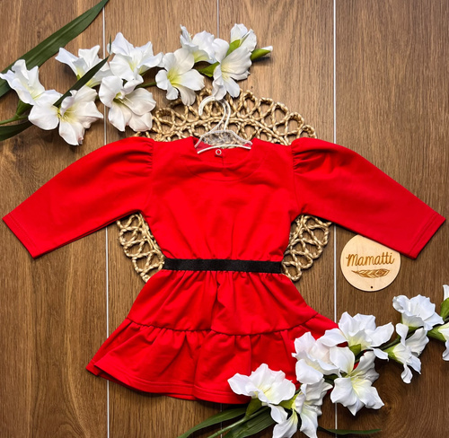 Vestido para niña mamatti SK614 elegante con mangas globo y goma brillante rojo