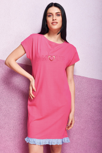 Oxksana Camisón rosa - 100% algodón, corazón bordado, encaje y volante