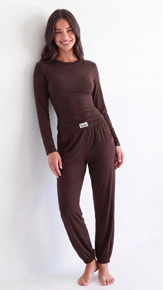 Pijama de mujer Luna 1318 de viscosa 95%, manga larga, pantalones con puños - color chocolate