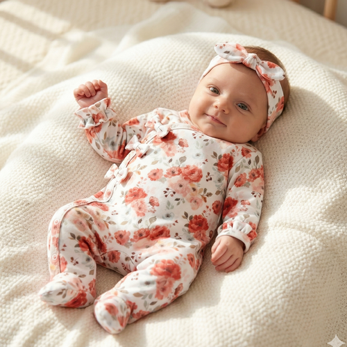 ABK-0054 Conjunto para bebé NINI Roses Algodón Orgánico Pijama con diadema