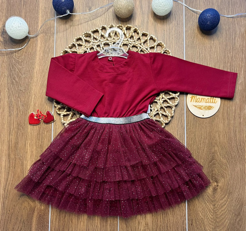 Vestido infantil Mamatti SK820 de algodón con tul y goma brillante en la cintura color burdeos
