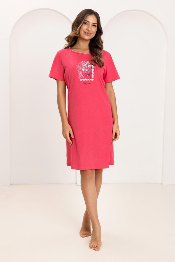 Camisón Regina 174, algodón, manga corta, medio cuello redondo, estampado frambuesa