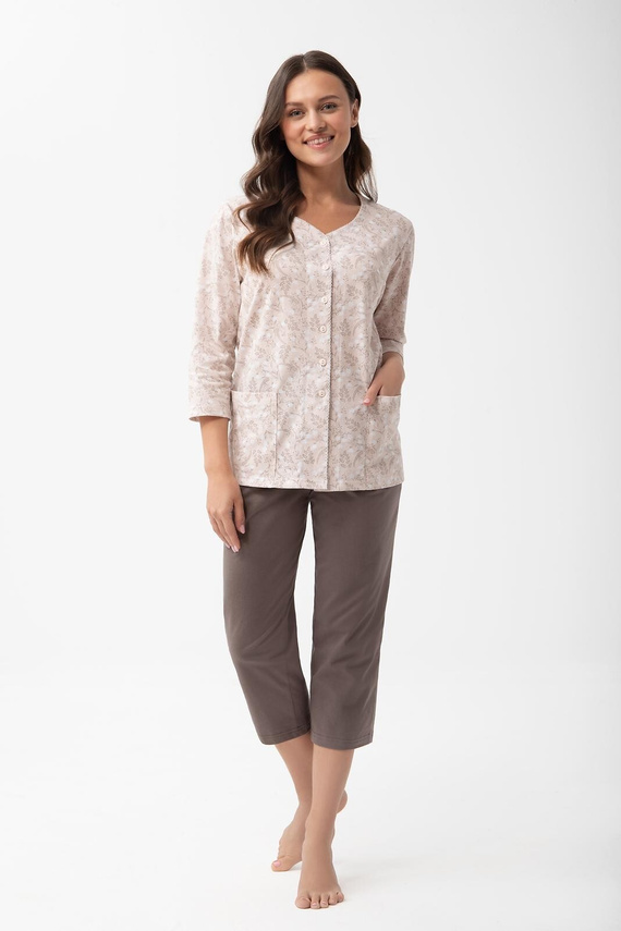 Pijama 1305 Luna de algodón para mujer, abotonada, 7/8 con bolsillos - beige