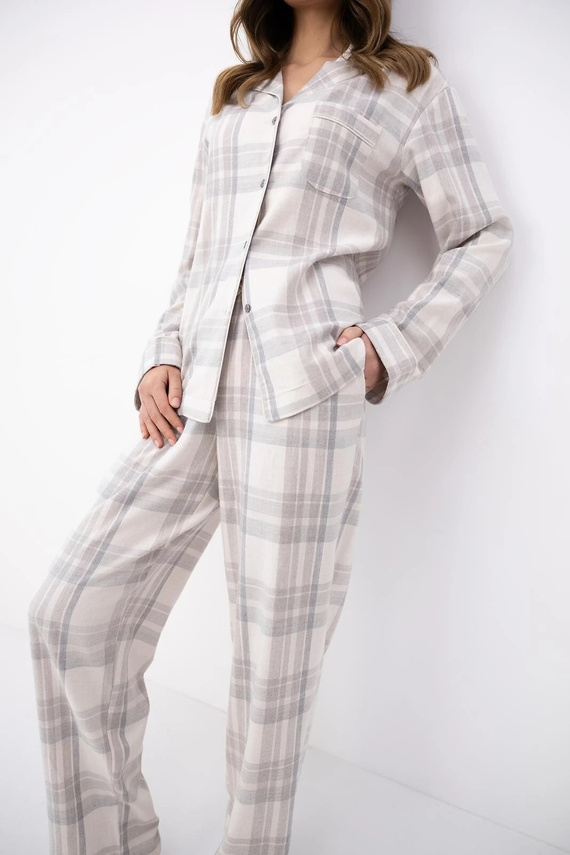 Pijama de mujer Sensis Adora beige a cuadros, abotonada, algodón y viscosa