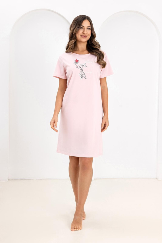 Camisón de señora Regina 172 rosa- 100% Algodón, Manga corta, Medio escote redondo, Estampado, Largo hasta la rodilla