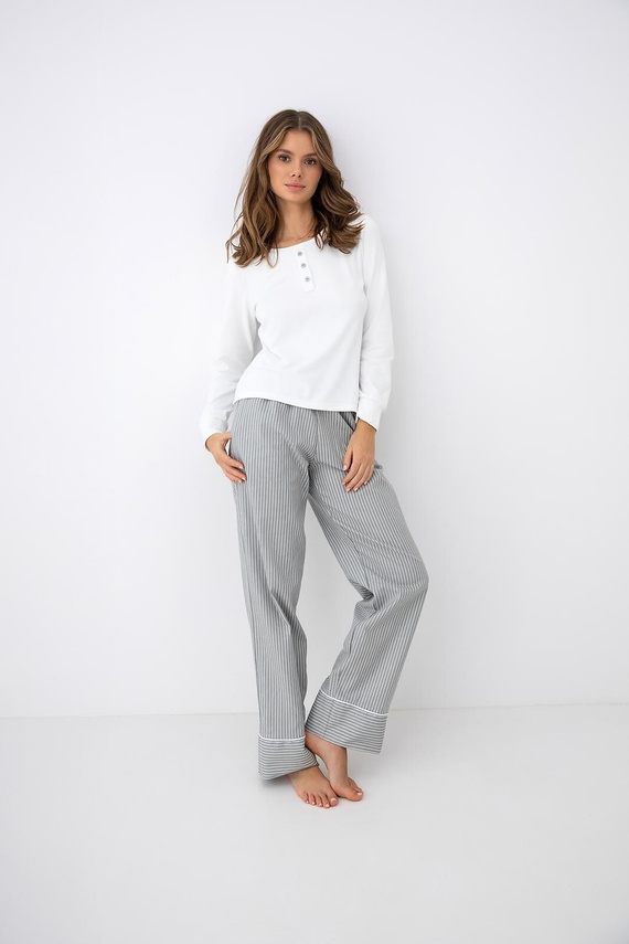 Sensis Salma pijama de mujer ecru-gris con manga larga y pantalones a rayas