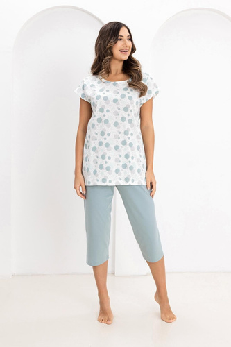 Pijama Mujer Algodón Regina 730 verde- Camisa Círculos de Colores, Manga Corta, Pantalón 3/4, 100% Algodón, Confort Verano