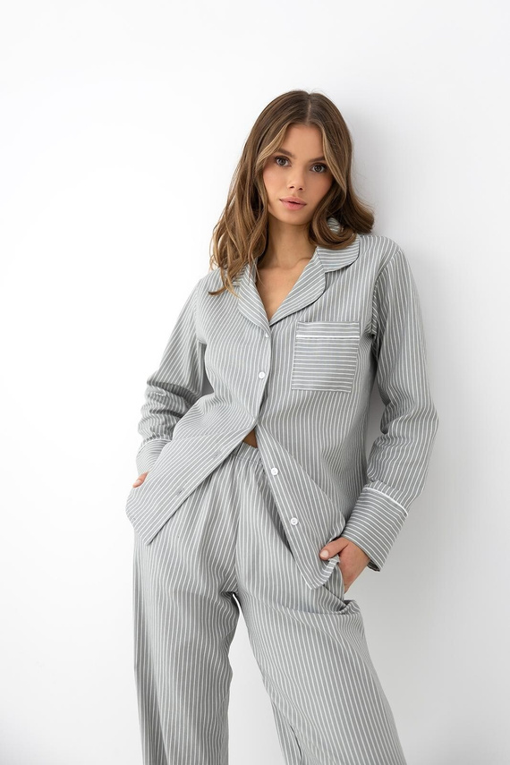 Sensis Imani pijama de mujer de algodón gris con botones y finas rayas