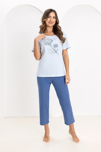 Pijama de algodón para mujer Regina 734 azul- 100% algodón, manga corta, camisa estampada, pantalón 7/8, confort Premium
