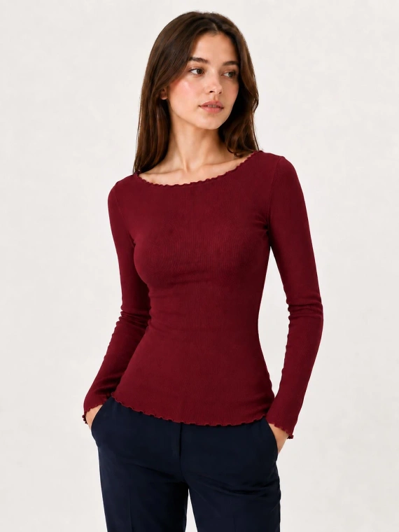 Blusa de mujer Raily Eldar Active de viscosa acanalada, manga larga, escote barco, color burdeos